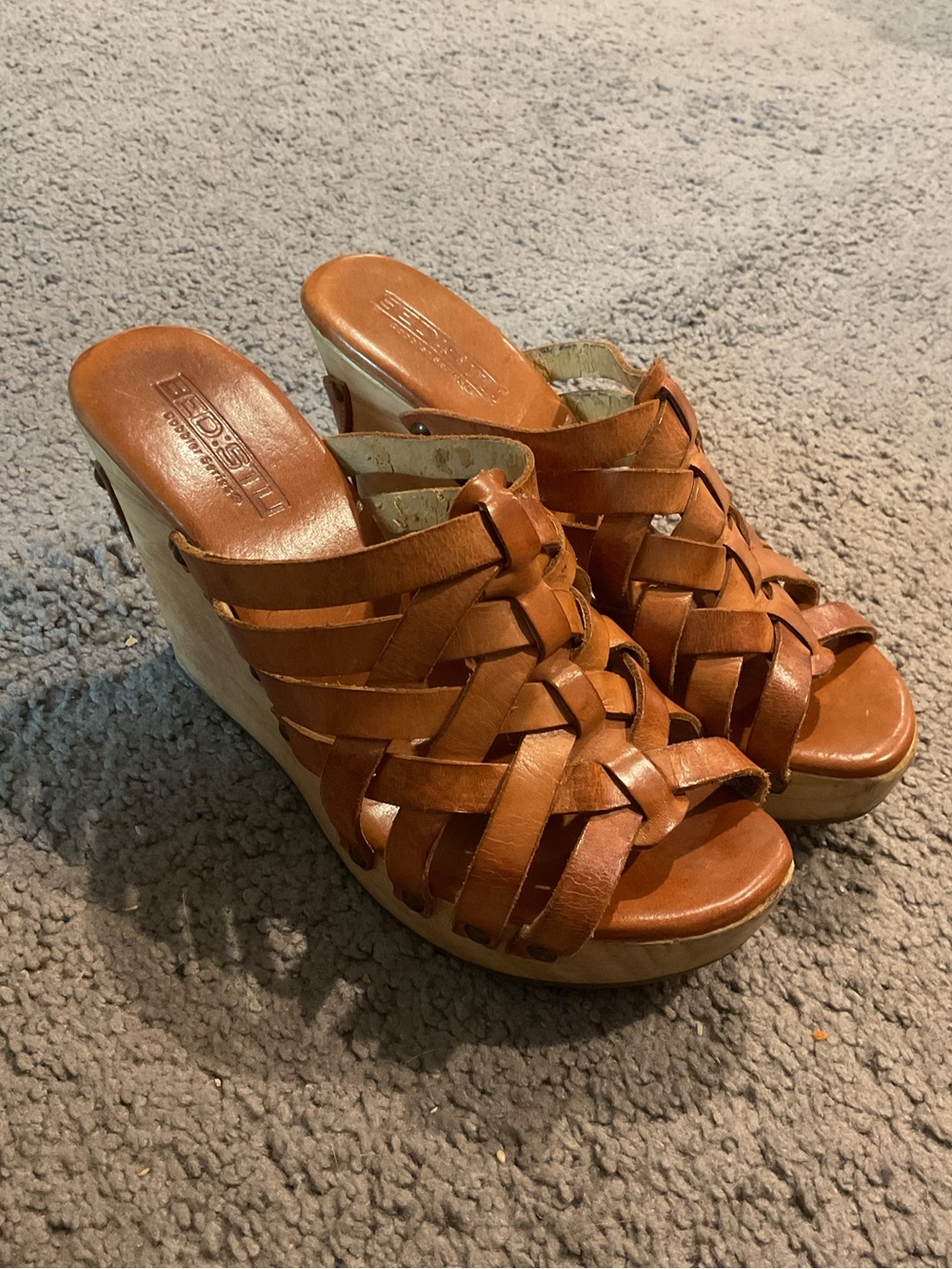 Bed Stu Cognac Weaved Woven Leather Wedge Sandals Heels Shoes Boho Casual sz 10